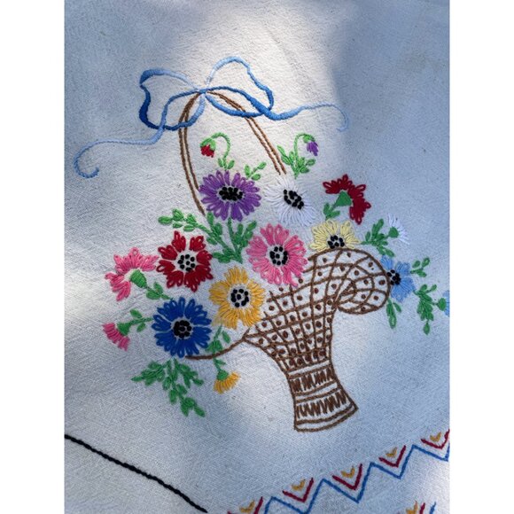 Vintage Arts and Crafts Cotton Embroidered Babket Flowers Tablecloth - Picture 10 of 13
